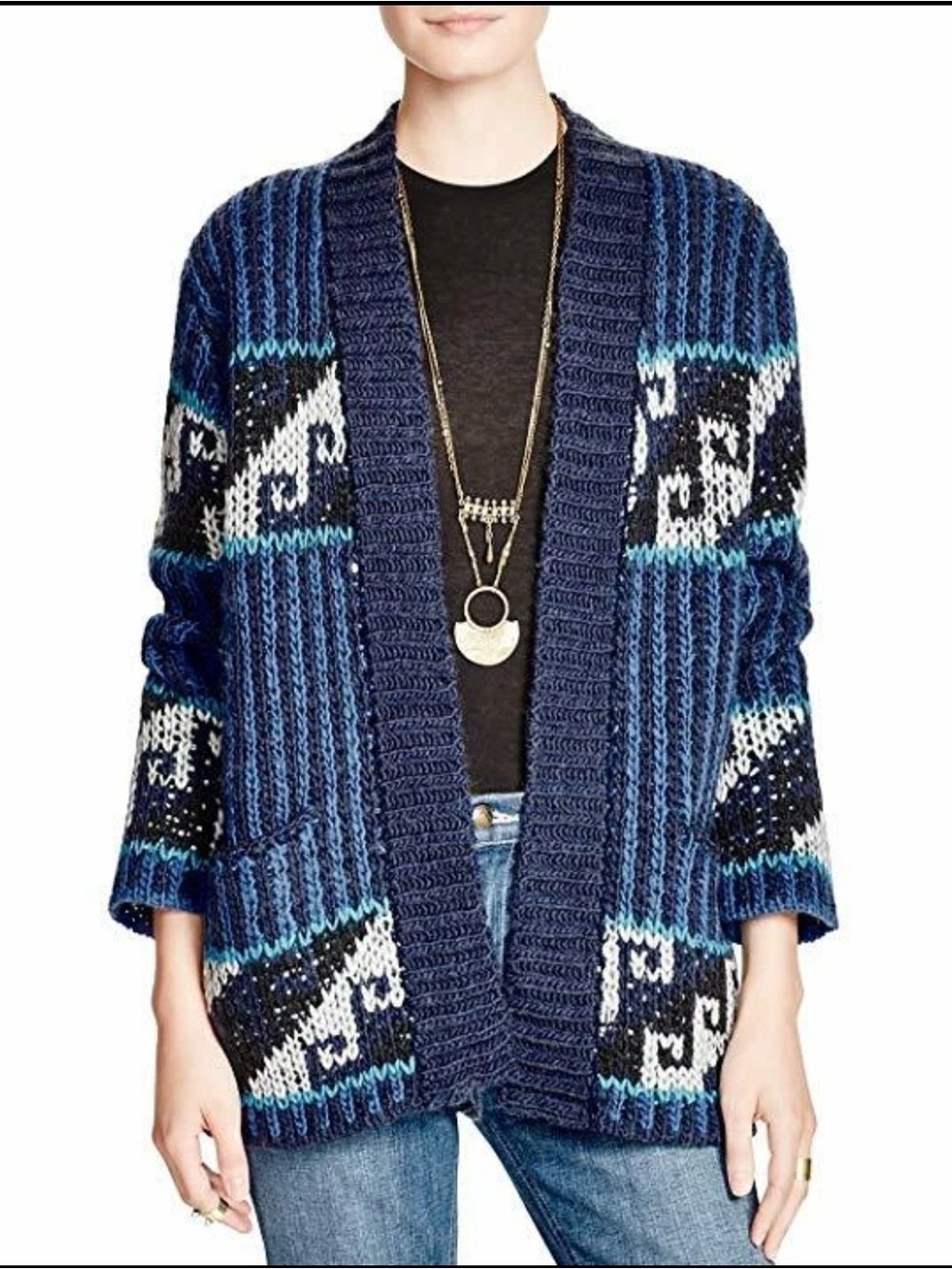 Free People Navy and Teal Patterned Chunky Cardigan